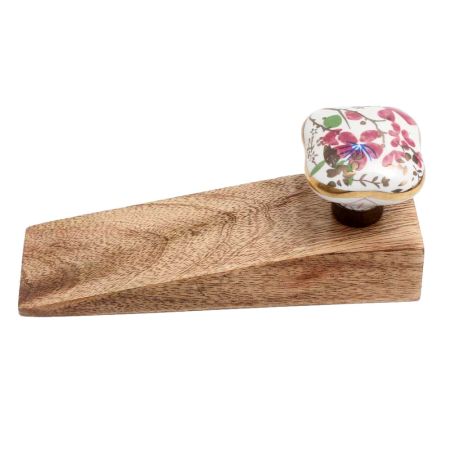 Pink Flower Square Ceramic Wooden Door Stopper